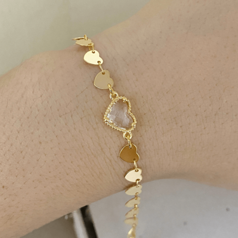 COD8559 PULSEIRA CORAÇÕES LAMINADO + CORAÇÃO CRISTAL DOURADO