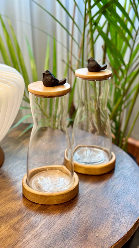 Frasco de vidro & madeira com passarinho