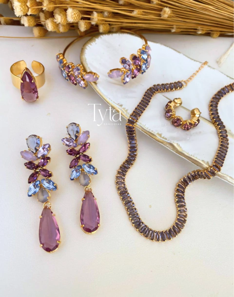 Conjunto Luana em Pedraria Lilás e Azul serenity