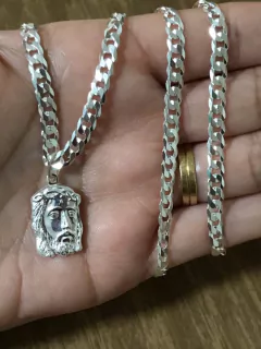 Corrente Prata Maciça 925 Gurmet Flat 55cm Face Cristo
