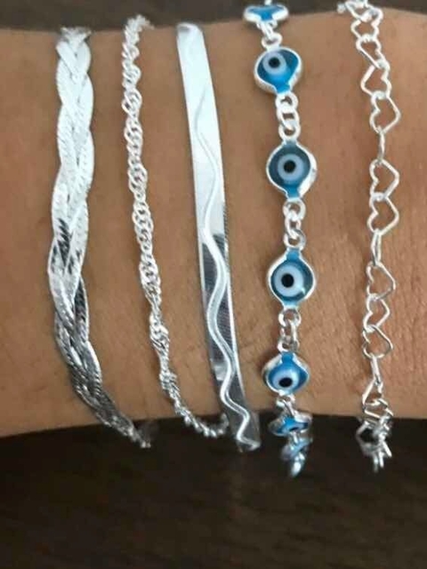 Conj. 5 Pulseiras Prata 925 Olho Grego Coração Laminada