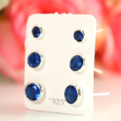 Trio Brinco Zirconia Azul Cravação Inglesa Prata 925