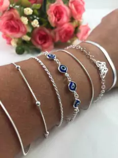 Promoção 7 Pulseiras Prata Maciça 925 Laminada Bolinha Olho