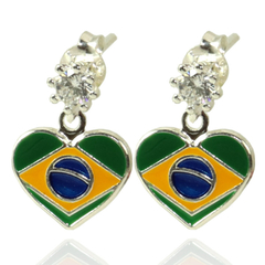 Conj. Colar Brinco Zirconia Bandeira Brasil Coração Prata925 - comprar online
