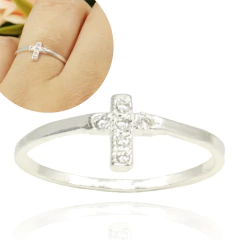 Anel Feminino Cruz Cravejada Zirconia Prata Legitima