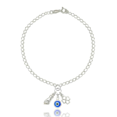 Pulseira Pingente Olho Grego Figa Trevo Sorte Prata Lei 925