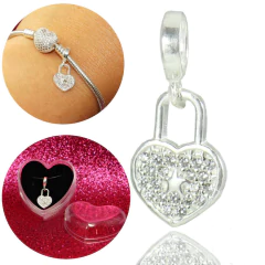 Berloque Charms Coração Cadeado Cravejado Prata Legitima 925 - comprar online