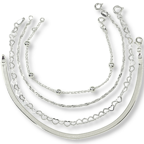 Conjunto 4 Pulseira Prata Maciça 925 Laminada Torcida Bola