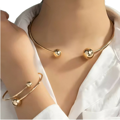 Conjunto Choker Aro + Bracelete Rígida Regulavel Dourado
