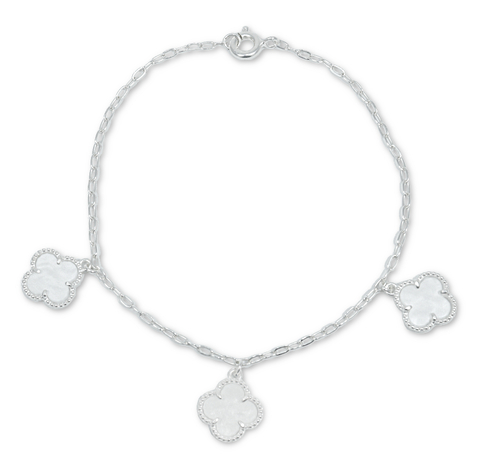 Pulseira 3 Pingente Flor Trevo Bloquinho Prata Original 925