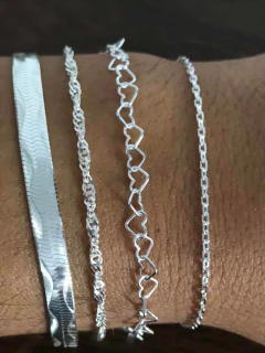 Conj. 4 Pulseiras Prata Legítima 925 Laminada Coração Elo