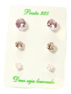 Trio Brinco Pedras Zirconia Tons De Rosa Prata 925