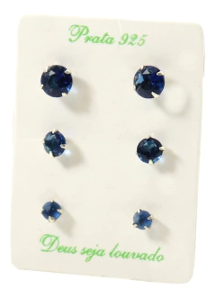 Trio Brinco Pedras Zirconia Tazul Prata 925