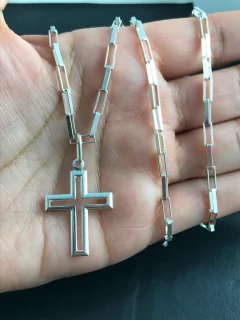 Corrente Cordão Prata Maciça 925 C/ Pingente Crucifixo 80cm