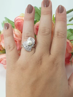 Anel Coração Pedra Cravejada Zircônia E Perola Prata 925 - loja online