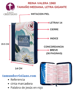 Biblia Reina Valera 1960 tamaño Mediana, Letra Gigante 14 puntos Imitación Piel Azul Flores [RVR066ZLGiPJR]