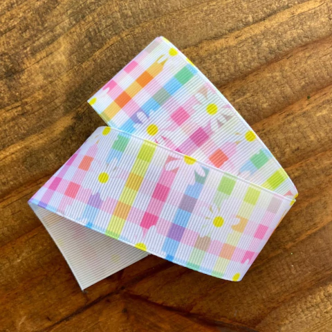 FITA DE GORGURÃO ESTAMPADA MARGARIDA XADREZ (38MM) - 3 METROS