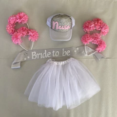 Combo Gorra para novia+ Tutú+FaceStickers+ Banda+10 Vinchas hortensia para amigas