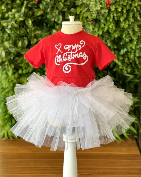 Kit Body Branco + T-Shirt Vermelha Merry Christmas