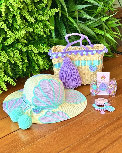 Kit Completo Sereia (Chapéu + Bolsa + Laço Piscina + Pulseira)