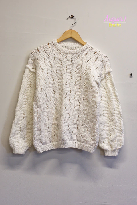 blusa tricot branca mga longa feito a mao / m
