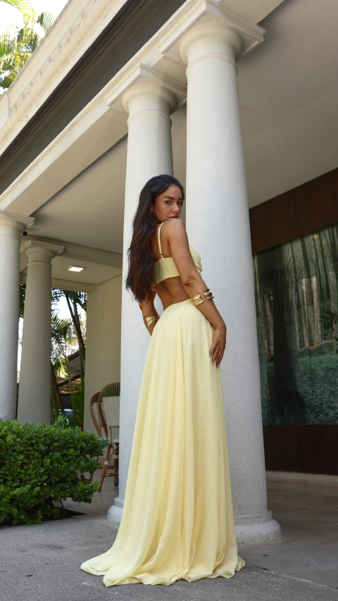 Vestido longo chiffon Vazado Com passante Metal orgânico - comprar online