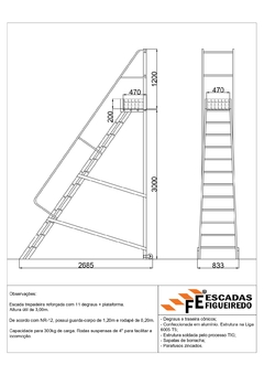 Escada Trepadeira 11+1 - 3,00m - 300kg - Escada Plataforma de Alumínio Reforçada NR12
