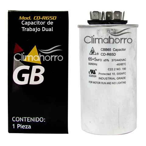 CAPACITOR DE TRABAJO DUAL 65+5 MFD VOLTAJE 370/ 440 VAC GB