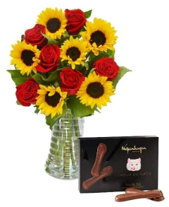 Luxuosos Girassóis, Rosas Colombianas e Lingua de Gato