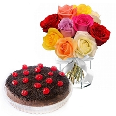 Tarta Brigadeiro, Cerezas y Jarrón de Rosas Mixtas