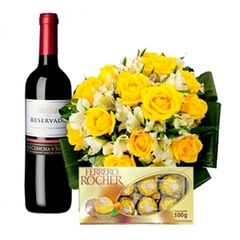 Bouquet 12 Yellow Roses, Red Chilean Wine and Ferrero Rocher