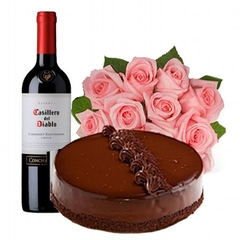 Twelve Pink Roses Bouquet, Cake, and Concha y Toro Wine