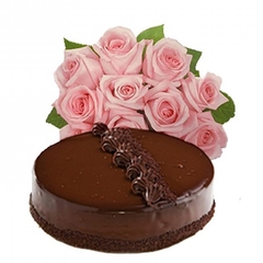 Twelve Pink Roses Bouquet and Brigadeiro Cake