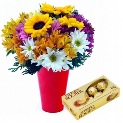 Sunflowers Mix in a Red Vase and Ferrero Rocher 8