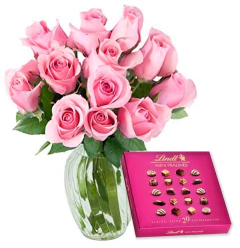 Vaso 12 Luxuosas Rosas e Lindt