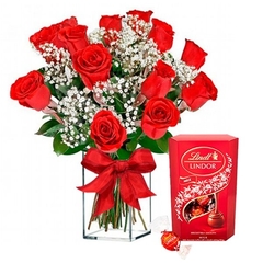 Vase with 12 Luxury Export Red Roses and Lindt Box - buy online