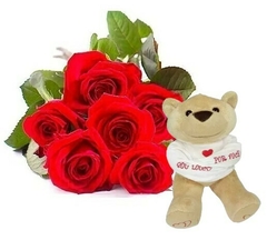 Bouquet Beautiful 6 Colombian Roses and Bear I'm Crazy About You