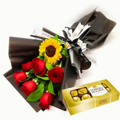 Ramo de 6 Rosas y Girasoles y Ferrero - comprar online