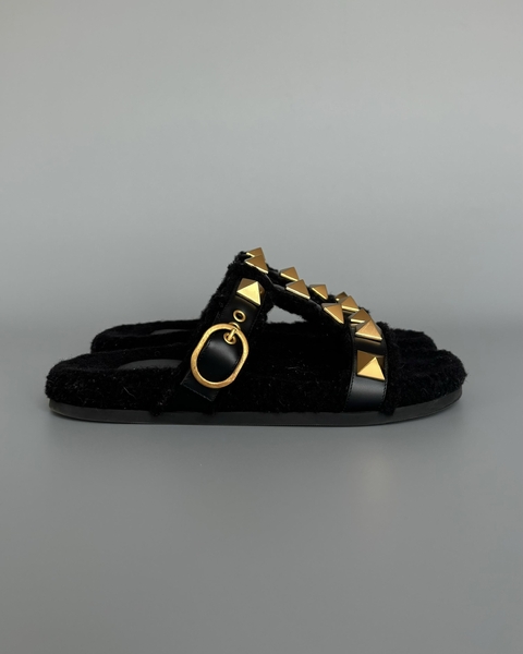 VALENTINO GARAVANI SHEARLING ROMAN STUD SANDALS