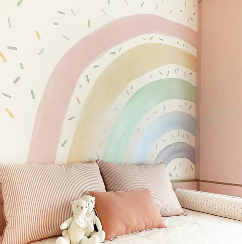 Arco-ìris e Confetes - Adesivo Decorativo de Parede em Aquarela
