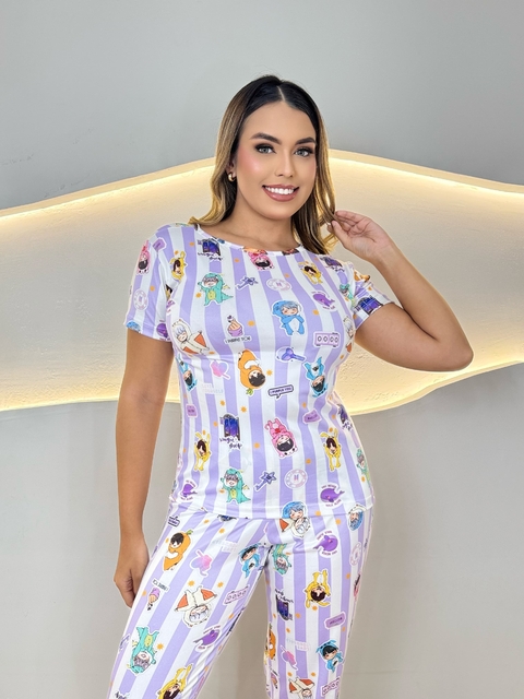 Pijama Longo De Manga Curta Full - BTS Listras Lilás (1377) - comprar online