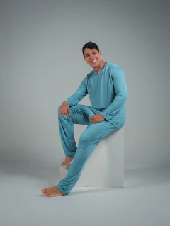 Pijama Masculino Longo de Inverno Liso - Liso Azul Cian (684) na internet