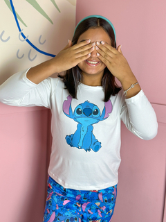 Pijama Longo De Inverno Infantil - Stitch Azul Escuro Sentado (341) na internet