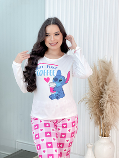 Pijama Longo De Inverno - Stitch Coffee Xadrez Coração (628) - Perfect Girl