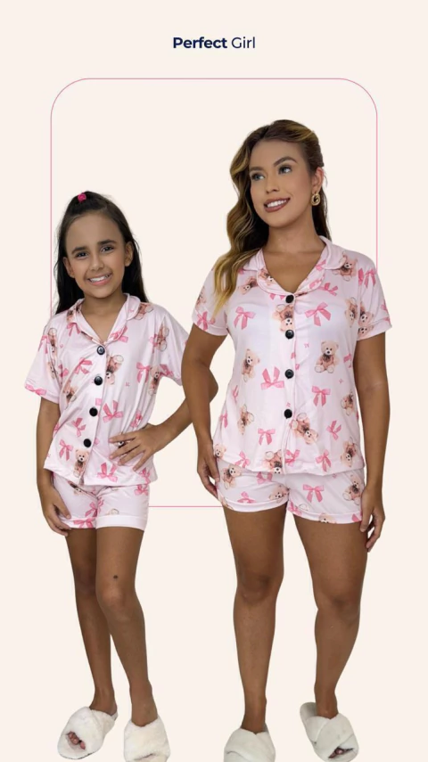 Kit Mãe & Filha Americanos S/ Viés - Urso Laço Rosa (1361) - comprar online