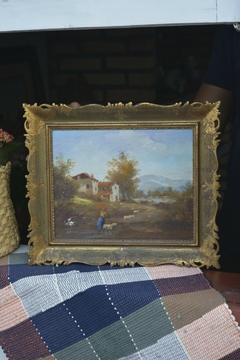 Óleo sobre Tela europeu - "Paisagem com pastora", de S. VERONESI