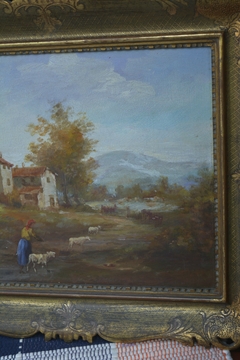 Óleo sobre Tela europeu - "Paisagem com pastora", de S. VERONESI - Rasgada Janela Curadoria Vintage