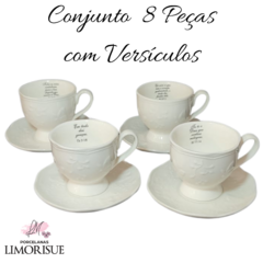 Conjunto 8 Peças de Xícara de Chá de Porcelana com pires e Versículo. Mod.1004