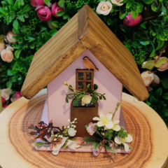 Casinha Potiche Rosa em Madeira 15cm . - Limorisue Porcelanas