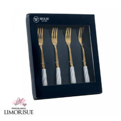 Conjunto 4 Garfos para Aperitivo de Aço Inox Dourado com Cabo de Cerâmica Branco - Wolff